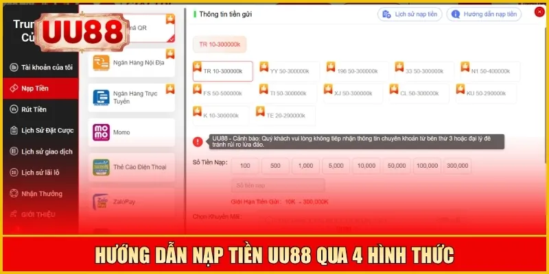 Hướng dẫn nạp tiền UU88 qua 4 hình thức